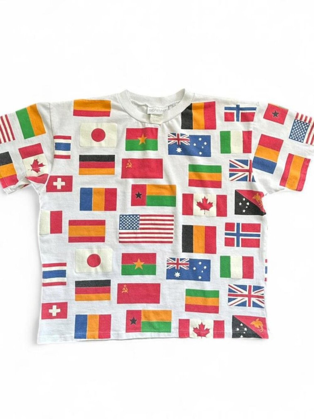 Vintage All Over Print World Flags T Shirt Scarab San Francisco Boxy Medium 80s
